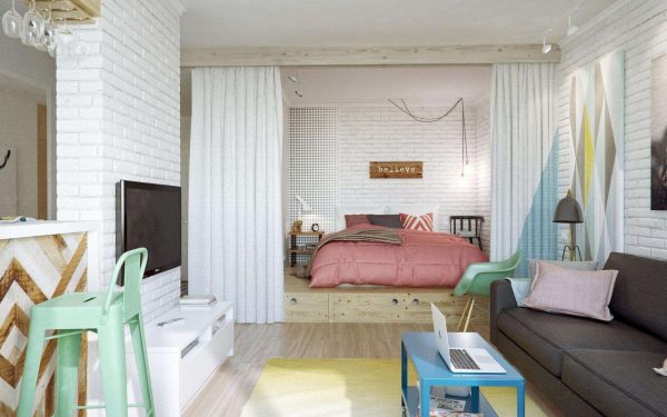 скандинавский стиль в гостиной-спальни 18 кв.метров