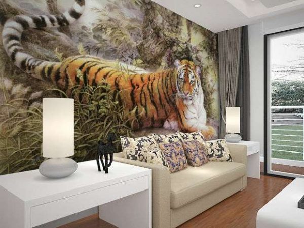 фотообои с тигром в интерьере гостиной