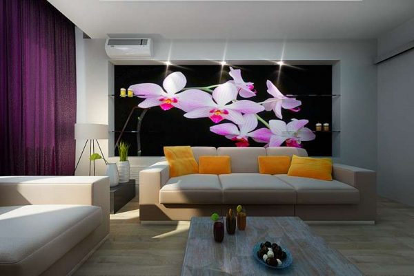 фотообои с орхидеями в интерьере гостиной
