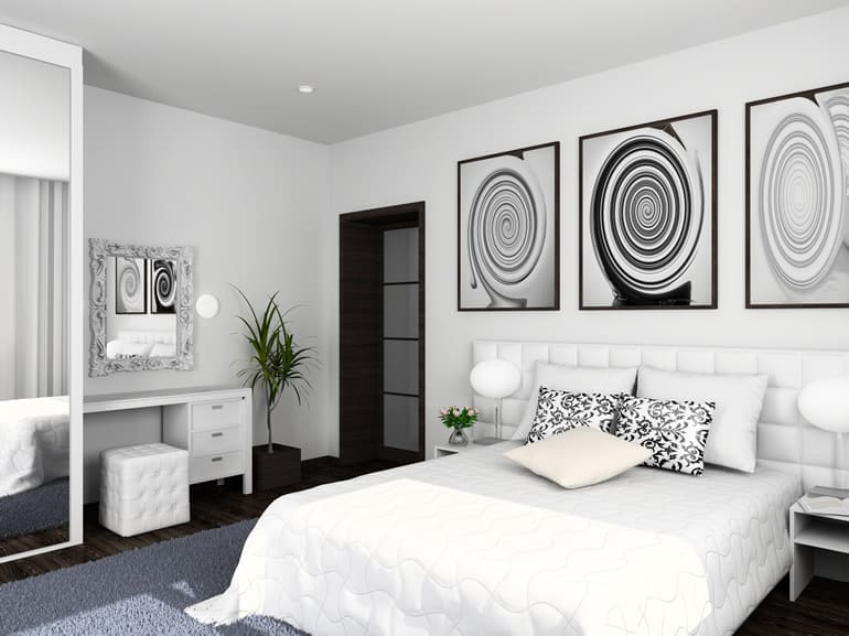 Modern bedroom oval mirror white bed Ultra modern white bedroom abstract art