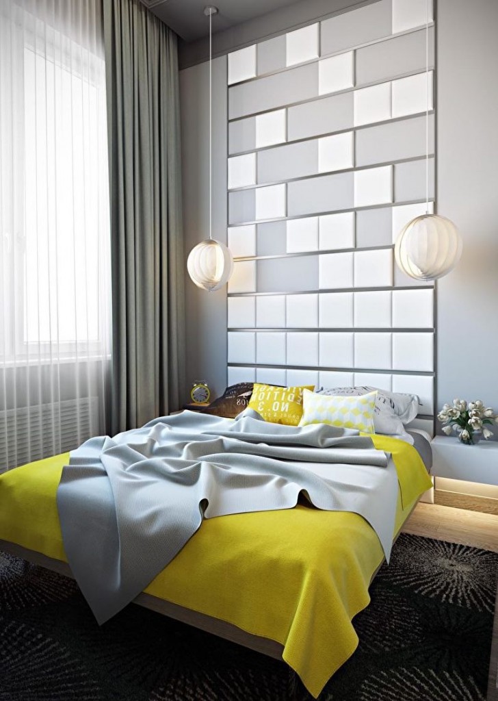 Желтое покрывало в серой спальне стиля хай-тек