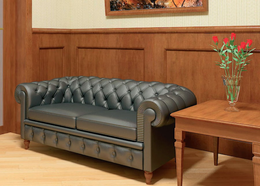 Серый диванчик в прихожей с деревянной отделкой стен