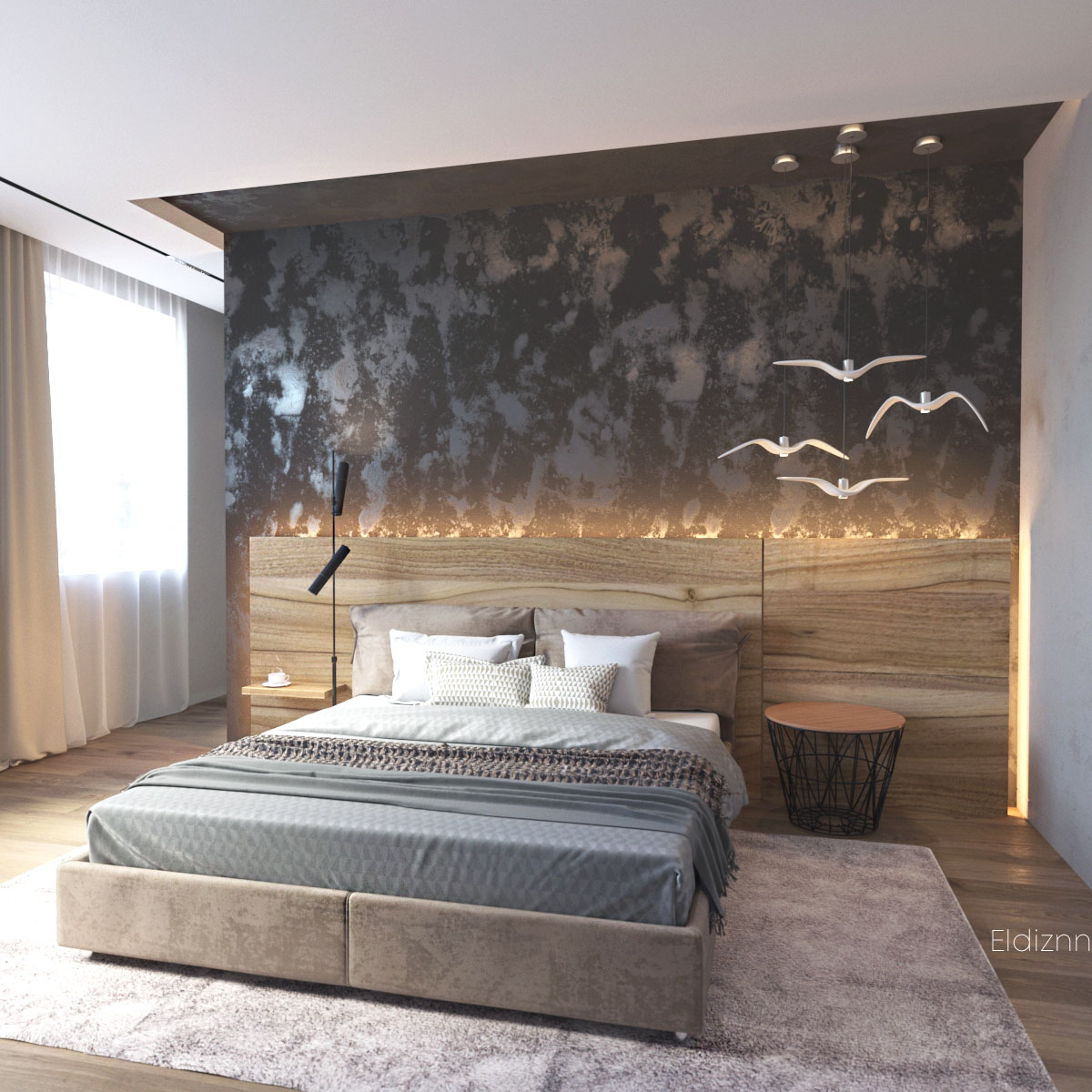 Дизайн спальни с фресками у изголовья