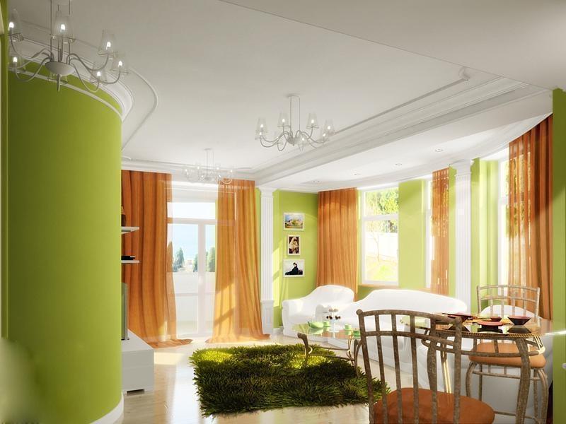 оранжевые шторы в интерьере зеленой гостиной