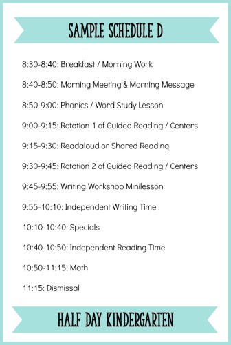This is a sample half day Kindergarten schedule with a balanced literacy block and Daily Five type of setup. Read the full blog post for more details about how to create a schedule for your Kindergarten classroom! - Learning At The Primary Pond