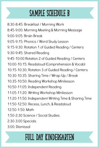 This is an example of what Kindergarten daily schedule can look like with a balanced literacy block! Read the blog post to see more sample schedules for full day and half day Kindergarten. - Learning At The Primary Pond