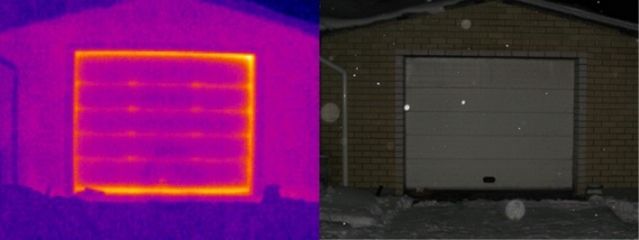 Как "утекает" тепло из гаражных ворот наглядно видно на термограмме