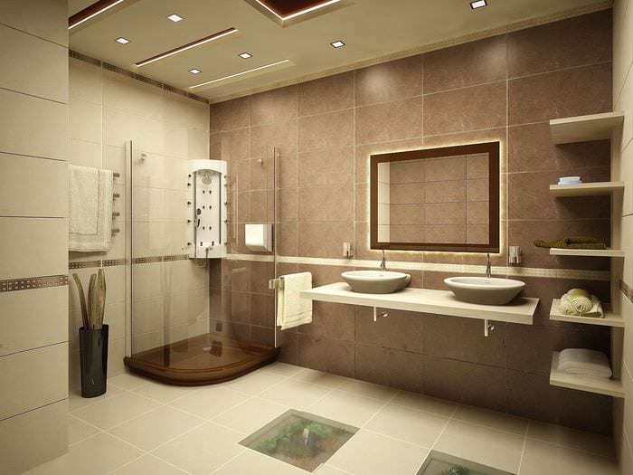 вариант яркого дизайна ванной комнаты в бежевом цвете